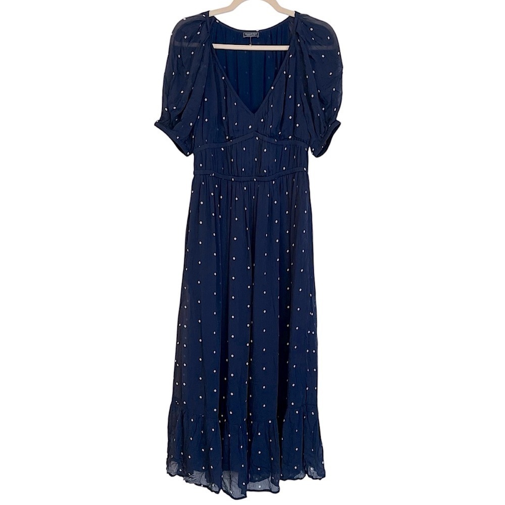 Vineyard Vines Chiffon Puff Sleeve Midi Dress Dark Navy White Polka Dot Small